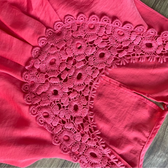 B. Darlin Dress, Coral/Pink and Black with a crocheted lace pattern. - Picture 6 of 7